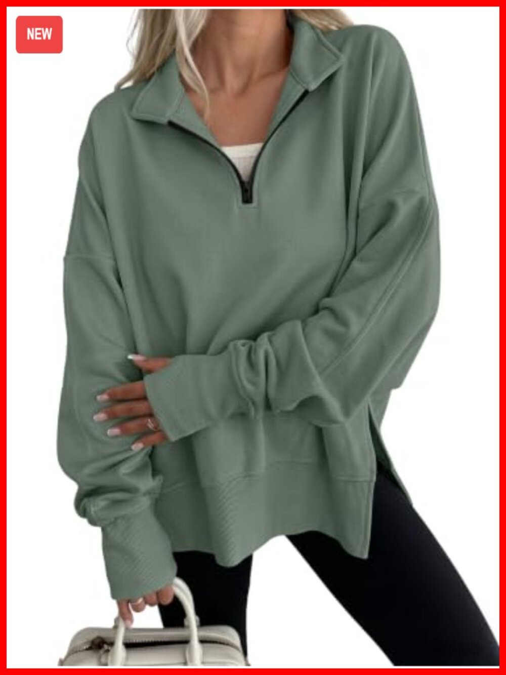 Oversized Quarter Zip Pullover Sweatshirt with Stand Collar and Side Slits